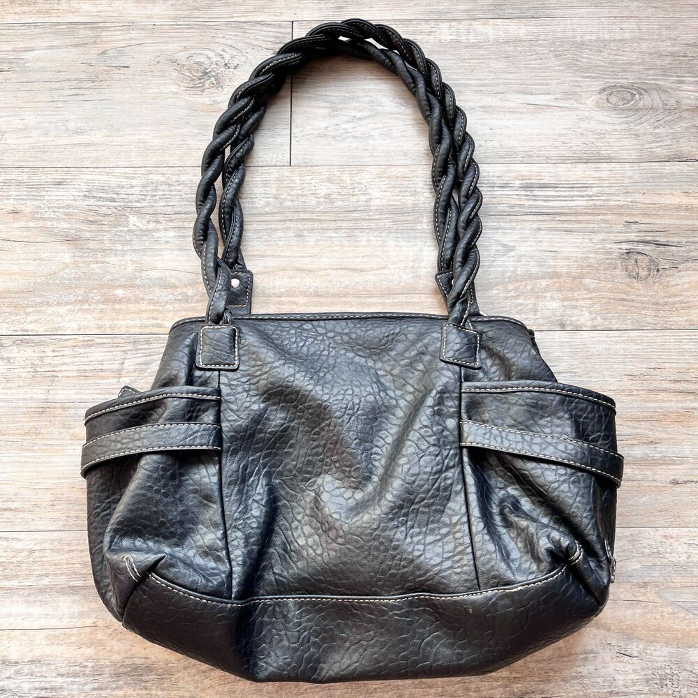 Y2K Black Faux Leather Shoulder Bag Braided Strap Silver Hardware Purse Grunge - Picture 2 of 11